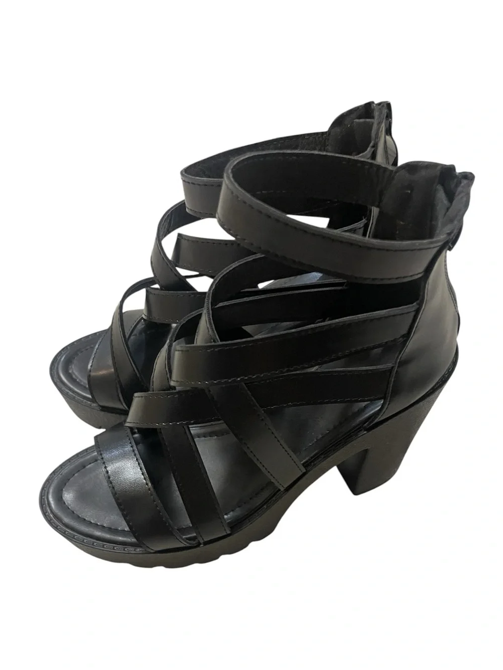 Trendy Black Strappy Platform Block Heel Sandals